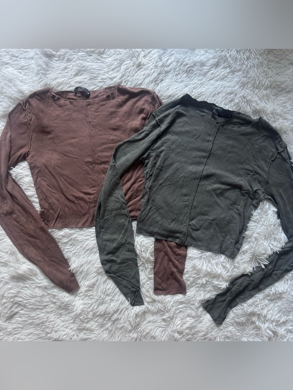 Zara Lightweight Crewneck Longsleeve Top Bundle in Teal-Grey & Brown